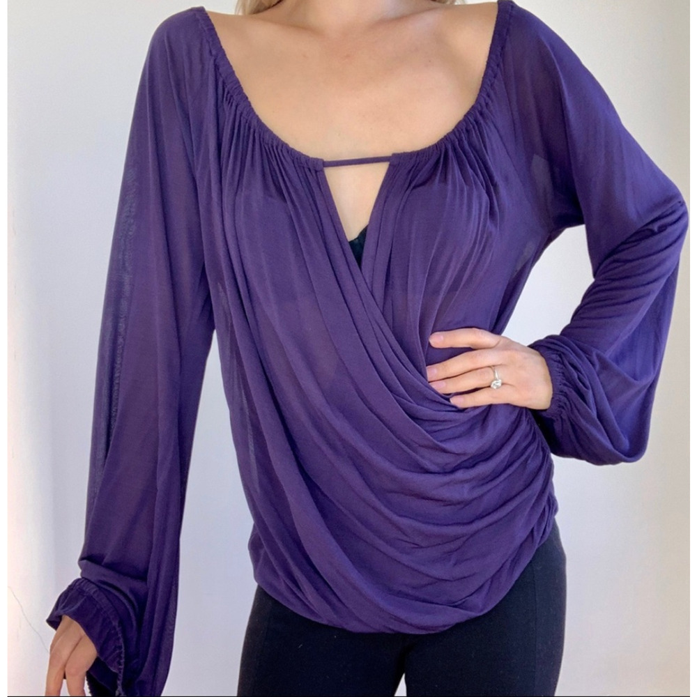 Escada Silk Long Sleeve Wrap Blouse Blue Purple Size 36 Blouson Sleeve FLAW